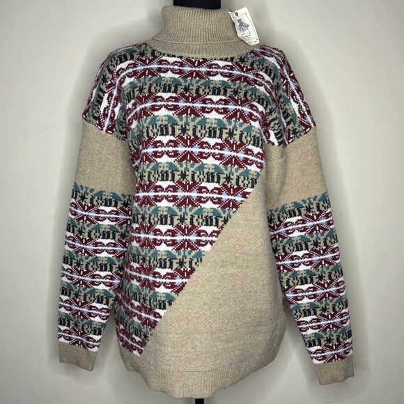 NWT Easel LA Womens Patterned Tribal Turtle Neck Knitted Sweater Large Khaki Tan - Picture 1 of 4